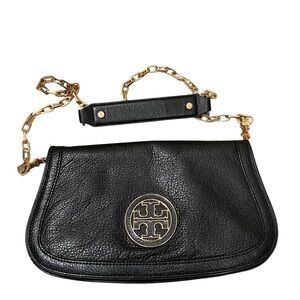 Tory Burch Black Leather Logo Flap Clutch / Crossbody Chain Purse